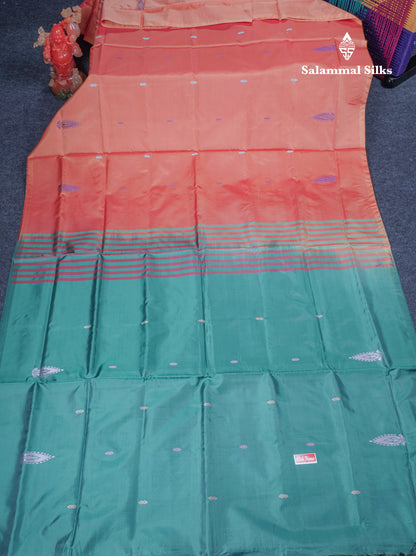 Orange Thread work Buttas Banana Pinth Saree (Vaazhainaar Pattu) With Contrast Green Blouse