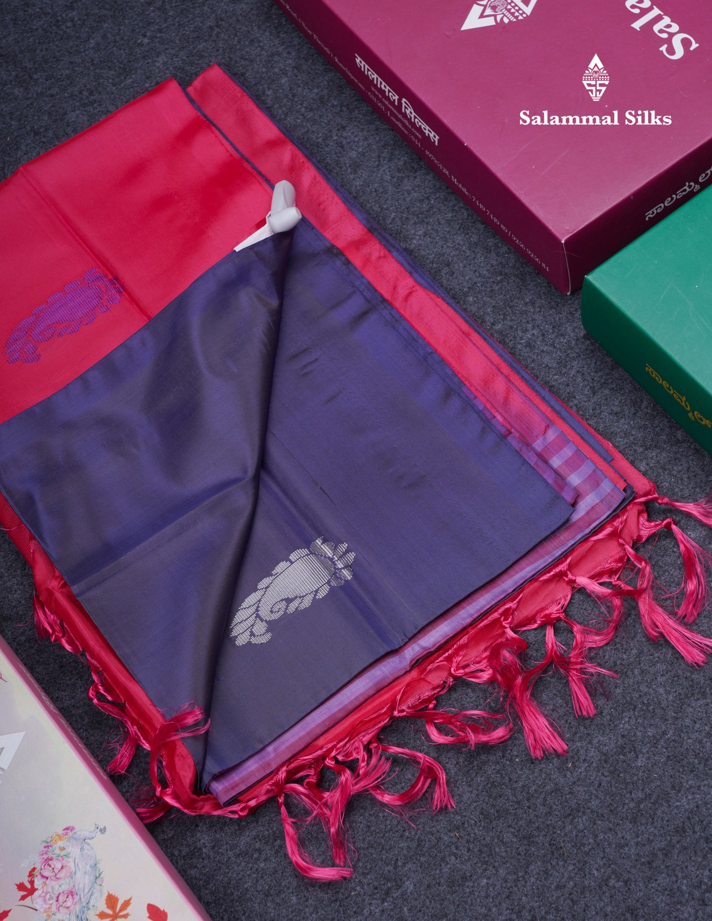 Dark Violet Thread work Buttas Banana Pinth Saree (Vaazhainaar Pattu) With Contrast Pink Blouse