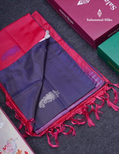 Dark Violet Thread work Buttas Banana Pinth Saree (Vaazhainaar Pattu) With Contrast Pink Blouse