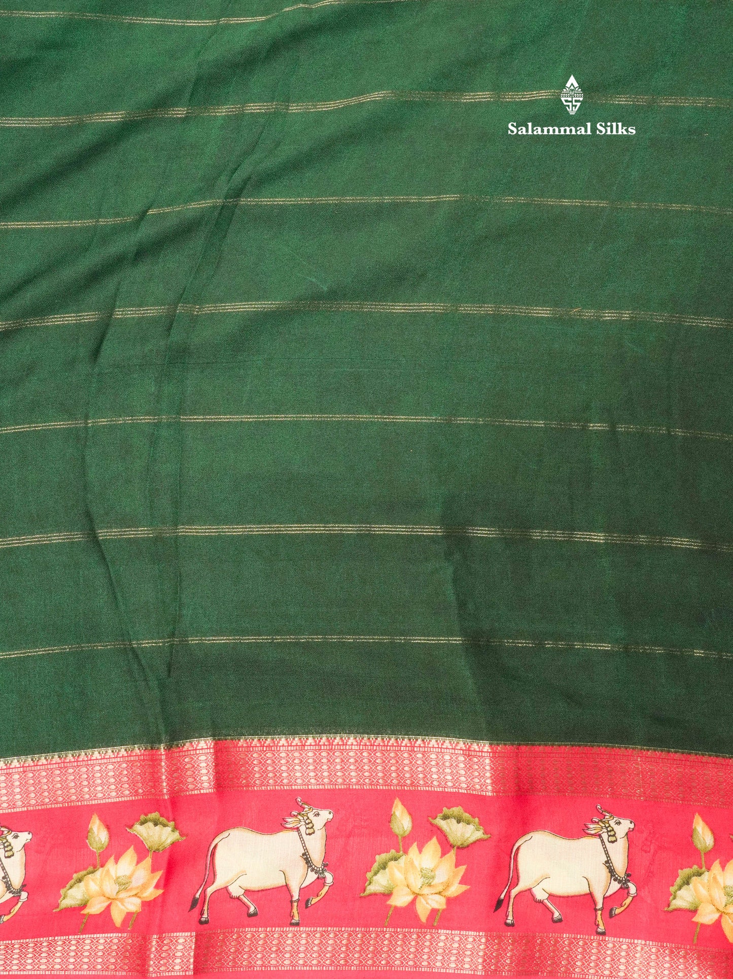Bottle Green Semi Crepe Saree With Contrast Reddish Pink Border
