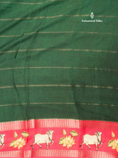 Bottle Green Semi Crepe Saree With Contrast Reddish Pink Border