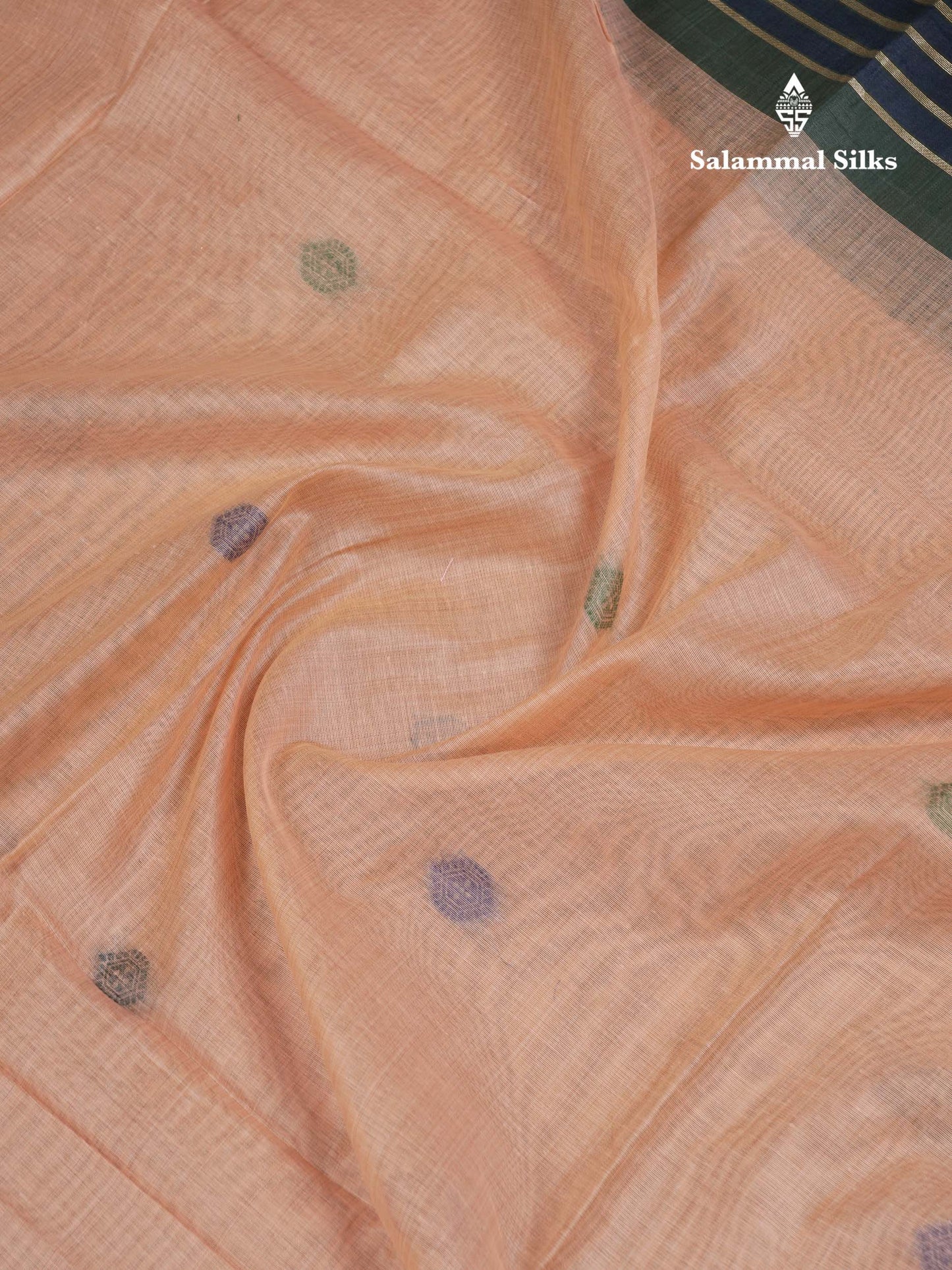 Beautiful Peach Menakari Work Thread Butta Muga Cotton Saree With Contrast Bottle Green Blouse