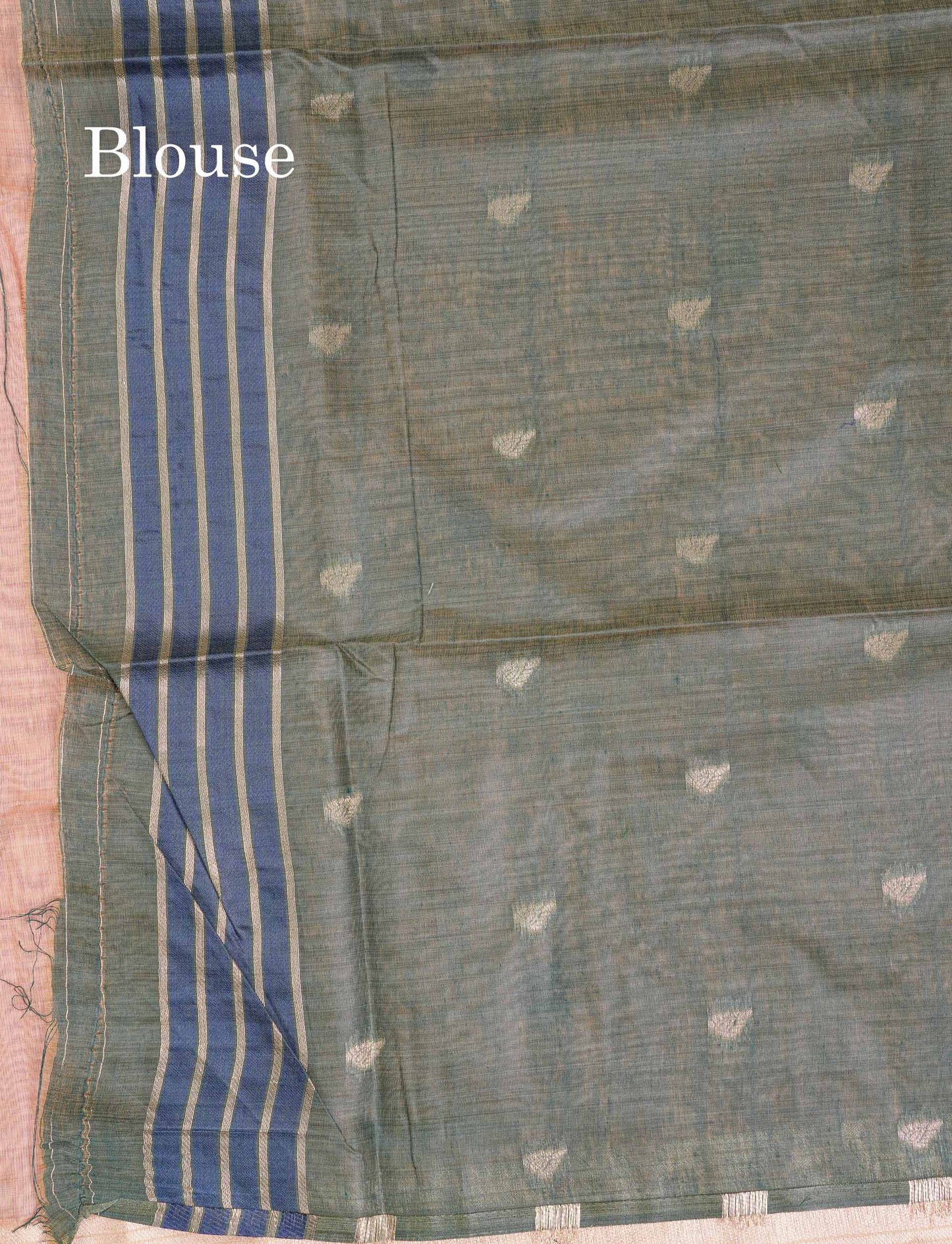 Beautiful Peach Menakari Work Thread Butta Muga Cotton Saree With Contrast Bottle Green Blouse