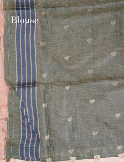 Beautiful Peach Menakari Work Thread Butta Muga Cotton Saree With Contrast Bottle Green Blouse