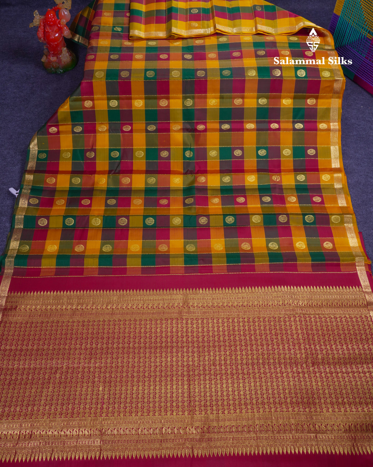 Paalum Pazham Checks With Butta Pure Kanjivaram Silk Saree With Contrast Maroon Blouse