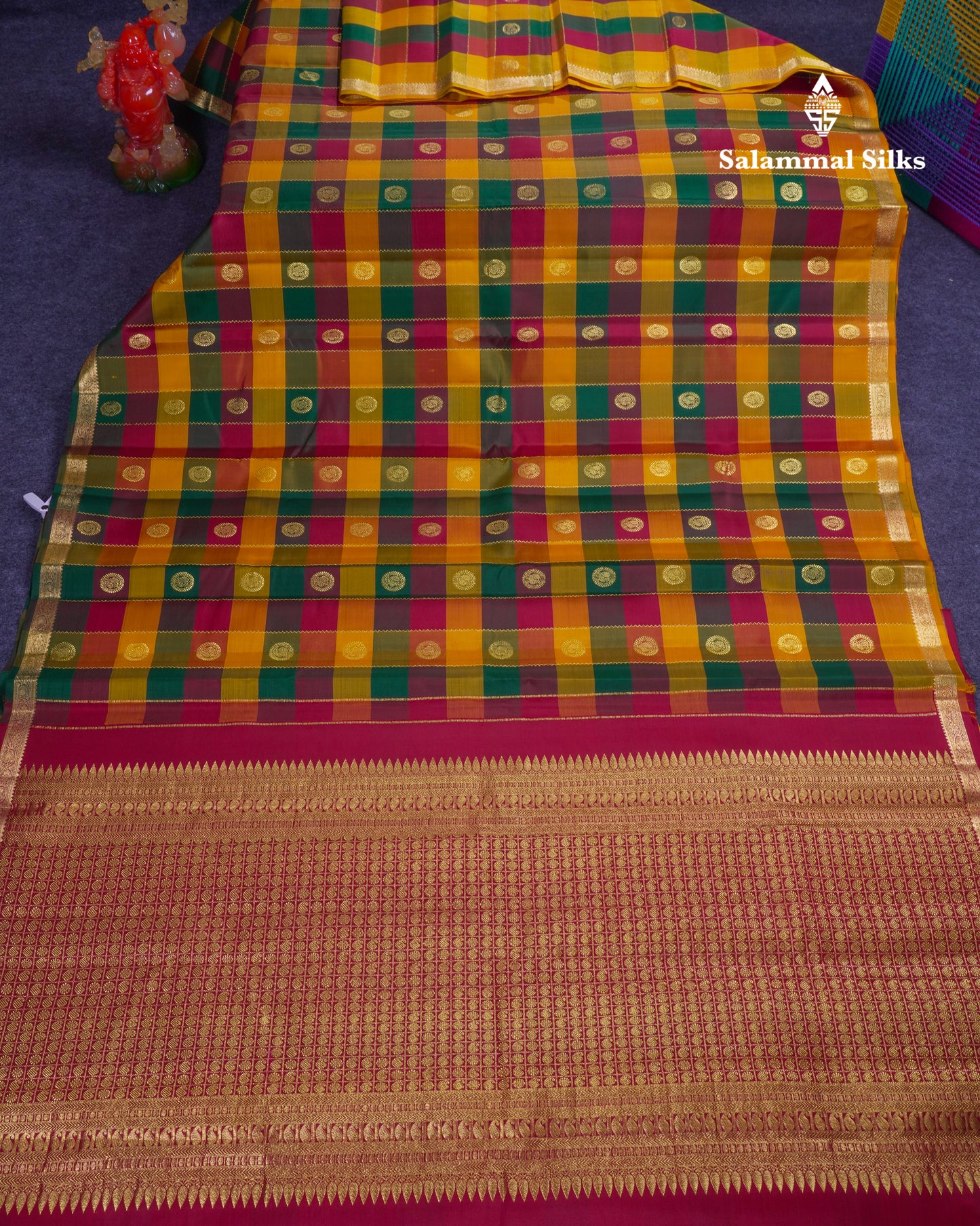 Paalum Pazham Checks With Butta Pure Kanjivaram Silk Saree With Contrast Maroon Blouse
