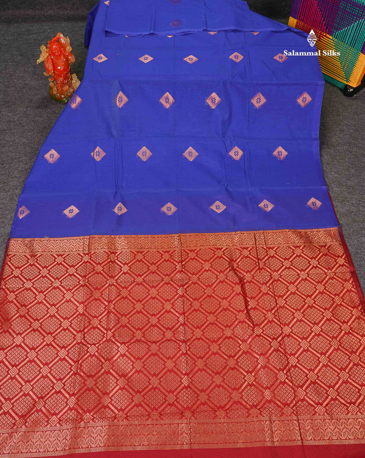 SICO Cotton Saree - Bottle Green Colour Body Copper Zari Butta With Maroon Blouse