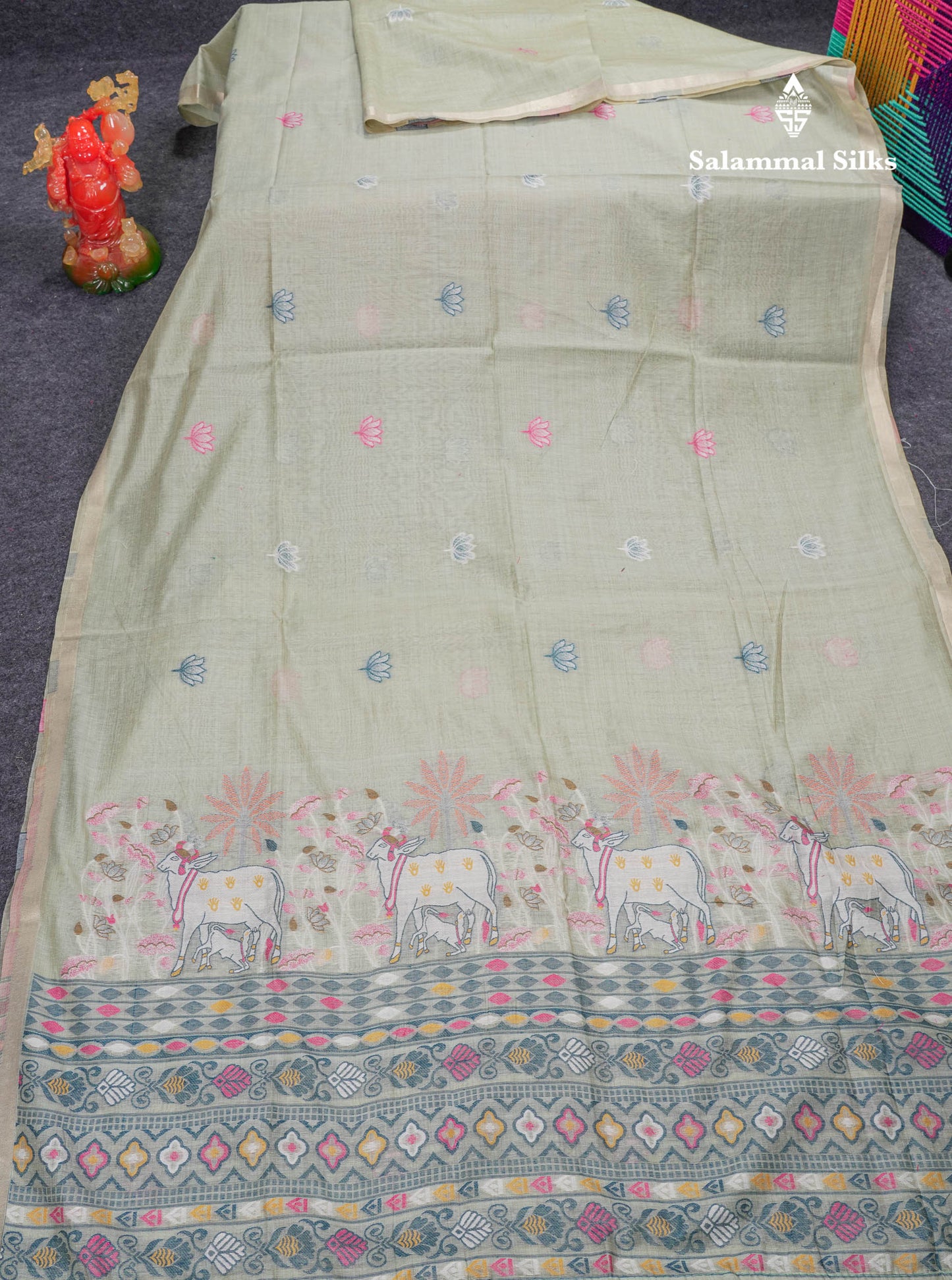 Beautiful Light Rexona Menakari Work Thread Butta Muga Cotton Saree With Blouse