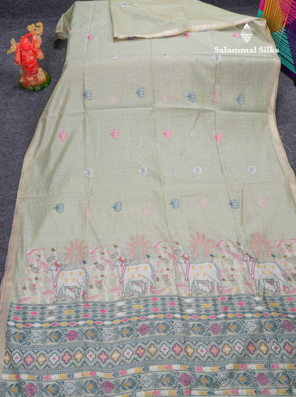 Beautiful Light Rexona Menakari Work Thread Butta Muga Cotton Saree With Blouse