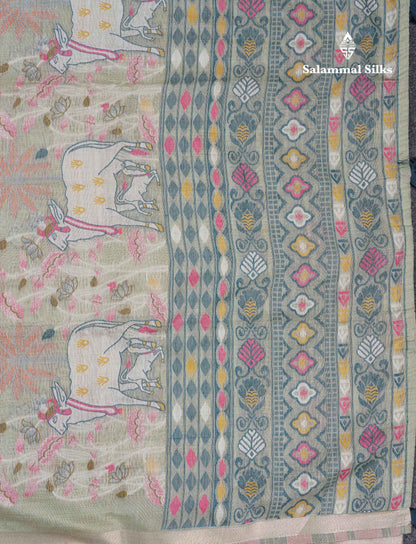 Beautiful Light Rexona Menakari Work Thread Butta Muga Cotton Saree With Blouse