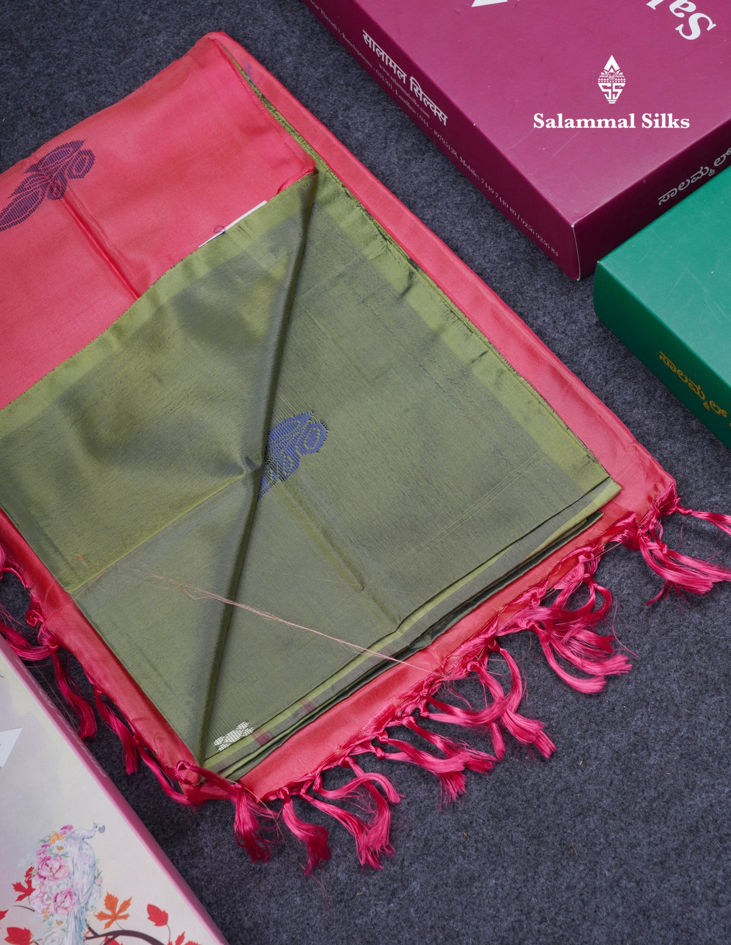 Olive Green Thread work Buttas Banana Pinth Saree (Vaazhainaar Pattu) With Contrast Pink Blouse