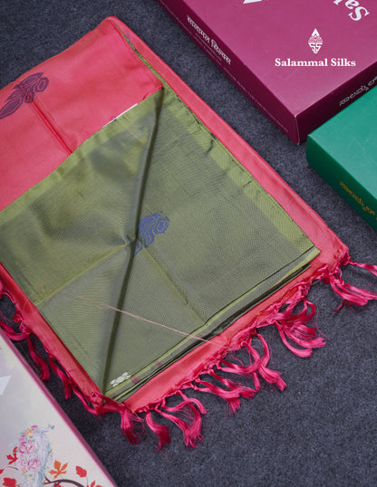 Olive Green Thread work Buttas Banana Pinth Saree (Vaazhainaar Pattu) With Contrast Pink Blouse