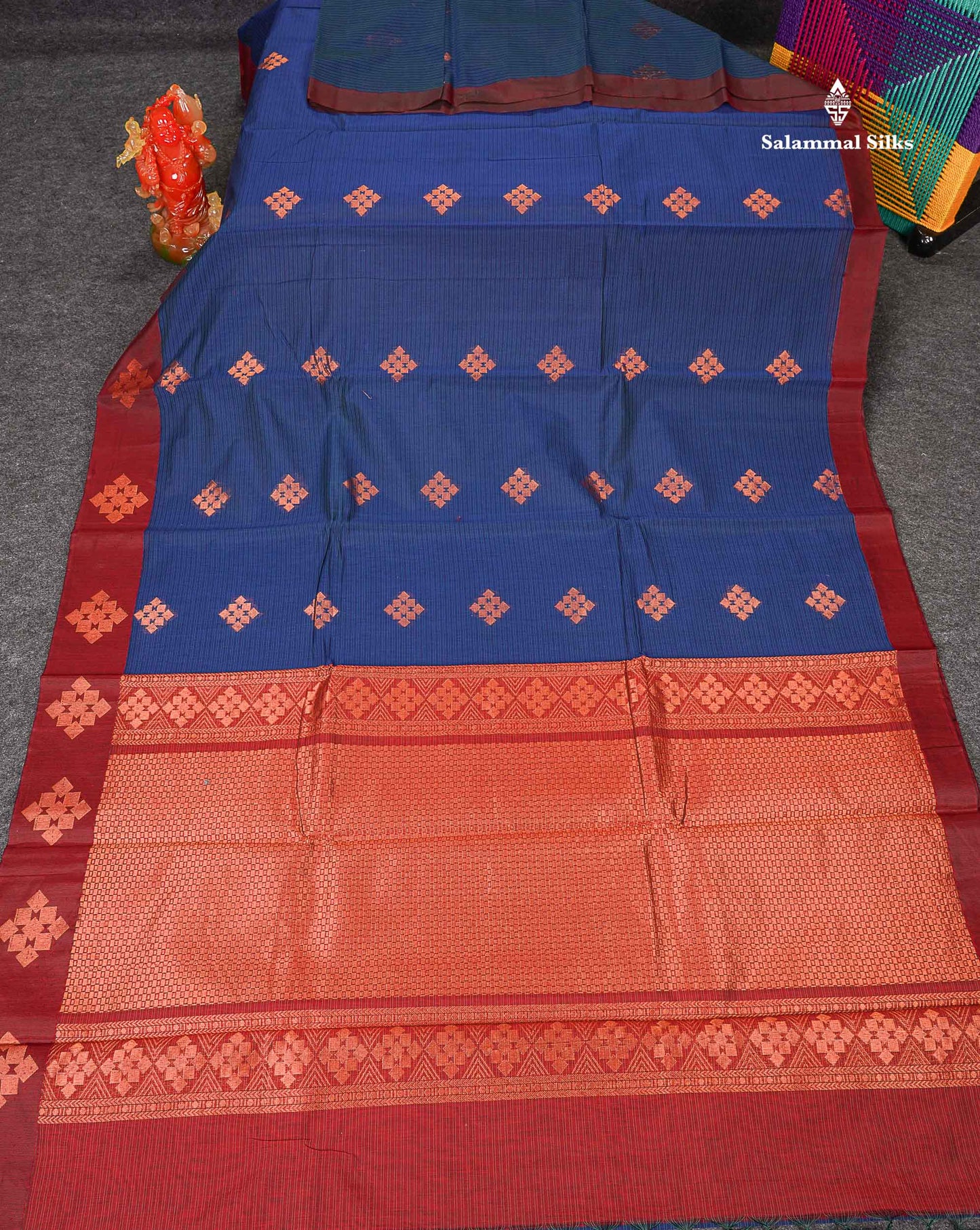 SICO Cotton Saree - Blue Colour Body Lines Zari Butta With Maroon Border