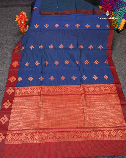 SICO Cotton Saree - Blue Colour Body Lines Zari Butta With Maroon Border