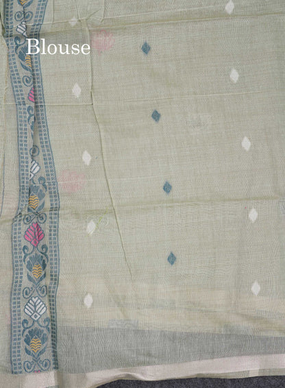 Beautiful Light Rexona Menakari Work Thread Butta Muga Cotton Saree With Blouse