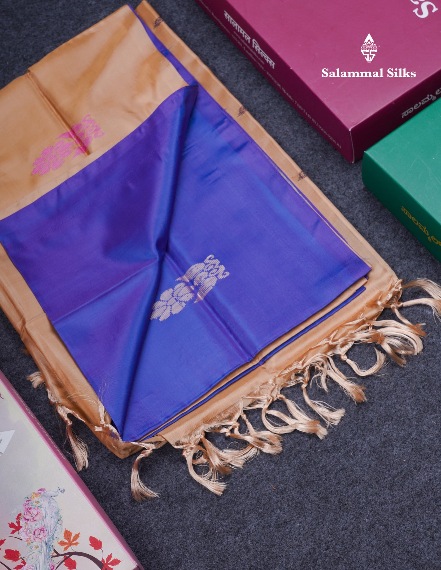 Dual Tone Violet Thread work Buttas Banana Pinth Saree (Vaazhainaar Pattu) With Contrast Sandal Blouse