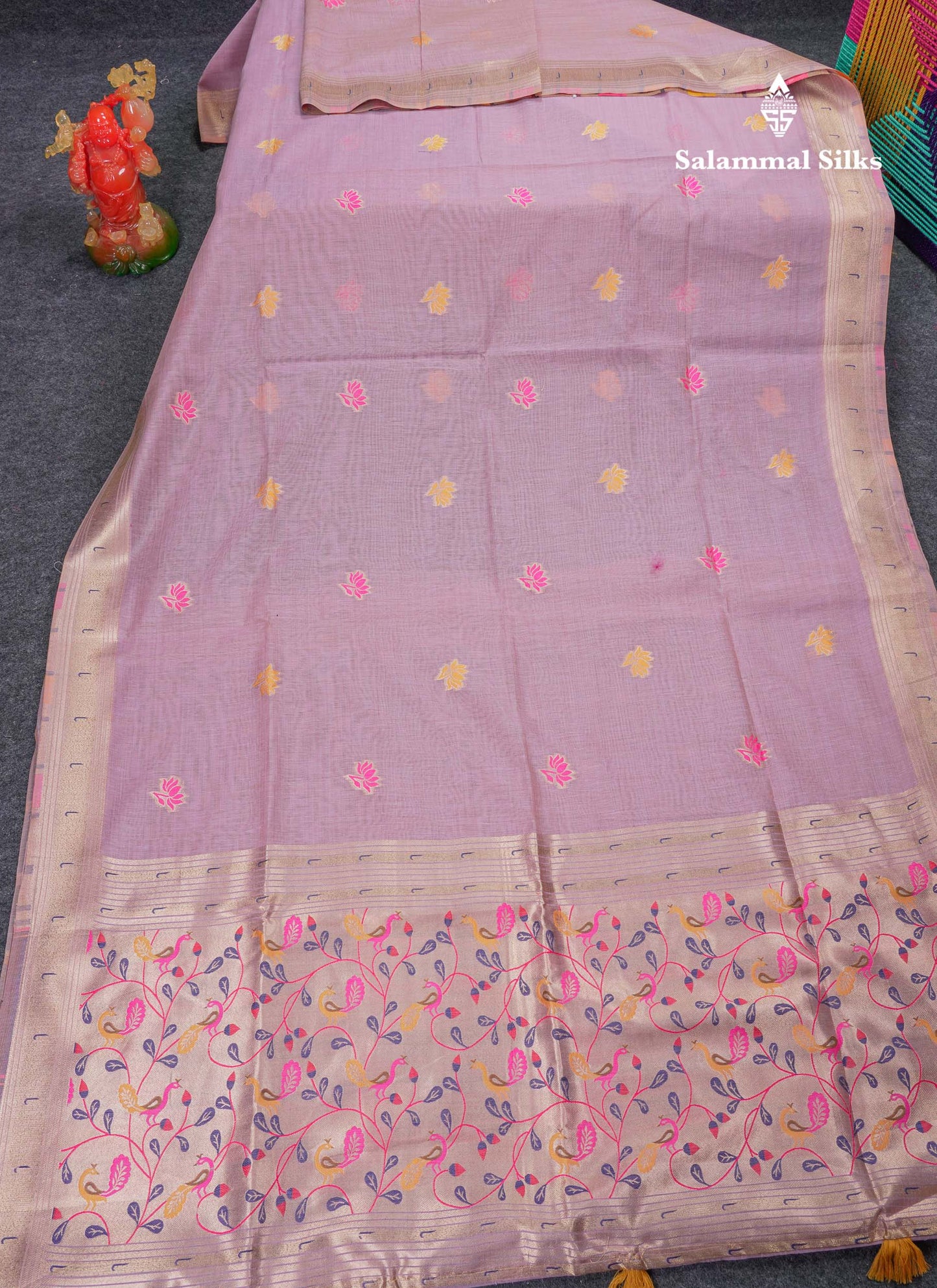 Beautiful Pista Green Menakari Work Butta Muga Cotton Saree With Blouse
