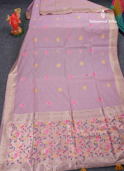 Beautiful Pista Green Menakari Work Butta Muga Cotton Saree With Blouse