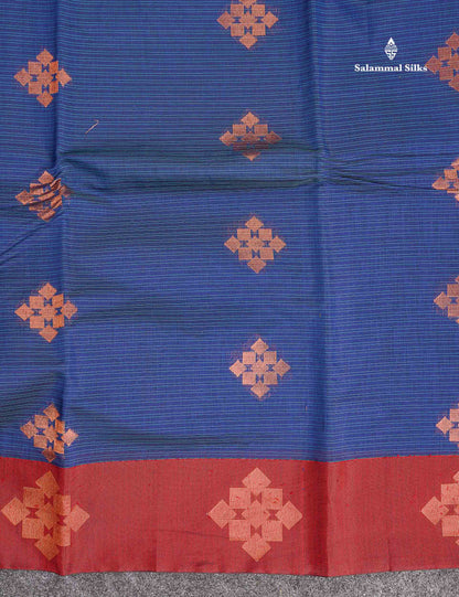 SICO Cotton Saree - Blue Colour Body Lines Zari Butta With Maroon Border