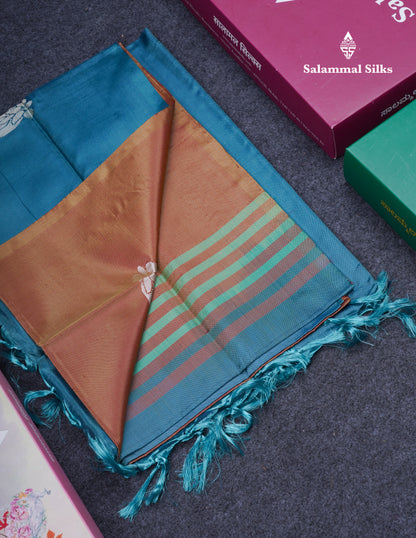 Brown Thread work Buttas Banana Pinth Saree (Vaazhainaar Pattu) With Contrast Ramar Blue Blouse