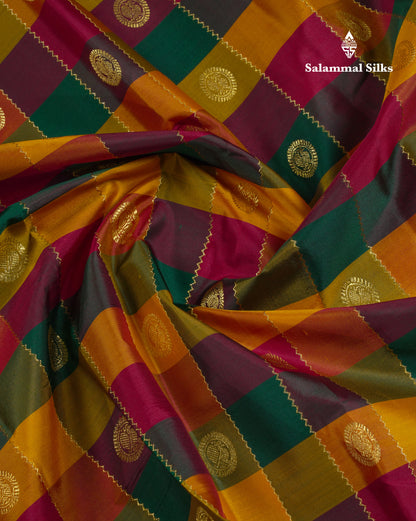 Paalum Pazham Checks With Butta Pure Kanjivaram Silk Saree With Contrast Maroon Blouse