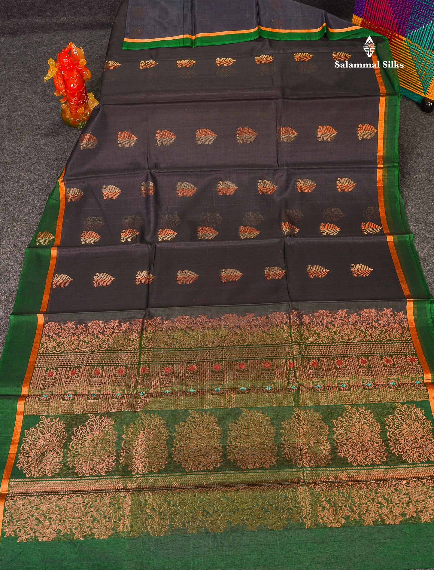 SICO Cotton Saree - Elephant Grey Colour Body Zari Butta With Green Blouse