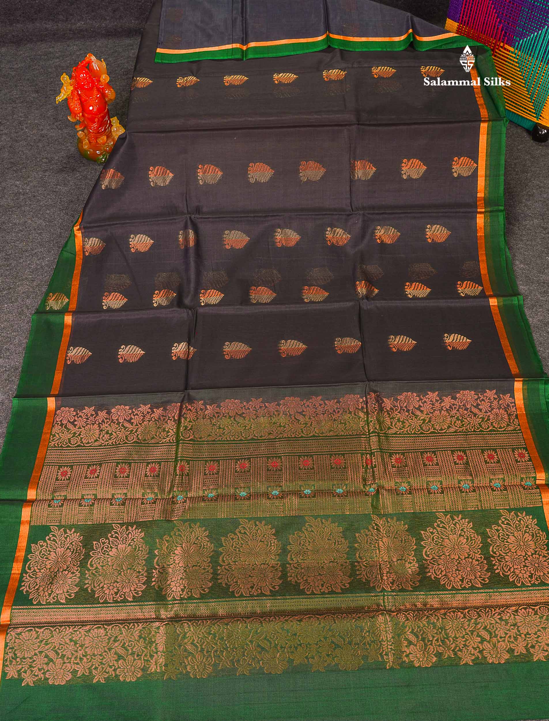 SICO Cotton Saree - Elephant Grey Colour Body Zari Butta With Green Blouse