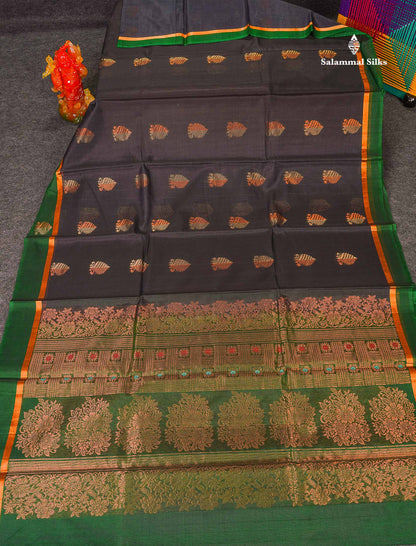 SICO Cotton Saree - Elephant Grey Colour Body Zari Butta With Green Blouse