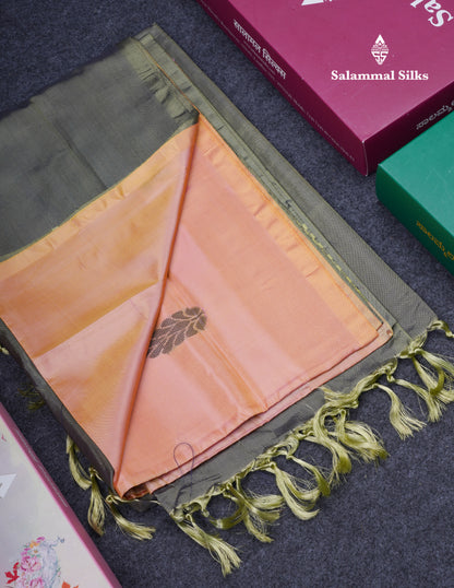 Peach Thread work Buttas Banana Pinth Saree (Vaazhainaar Pattu) With Contrast Grey Blouse