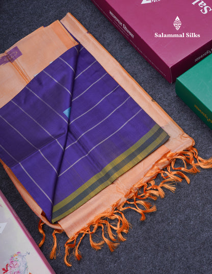 Violet Thread work Buttas & Lines Banana Pinth Saree (Vaazhainaar Pattu) With Contrast Orange Blouse