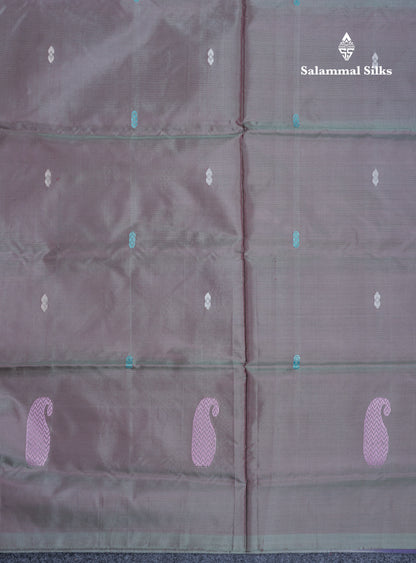 Dual Tone Green Thread work Buttas Banana Pinth Saree (Vaazhainaar Pattu) With Contrast Peacock Blue Blouse