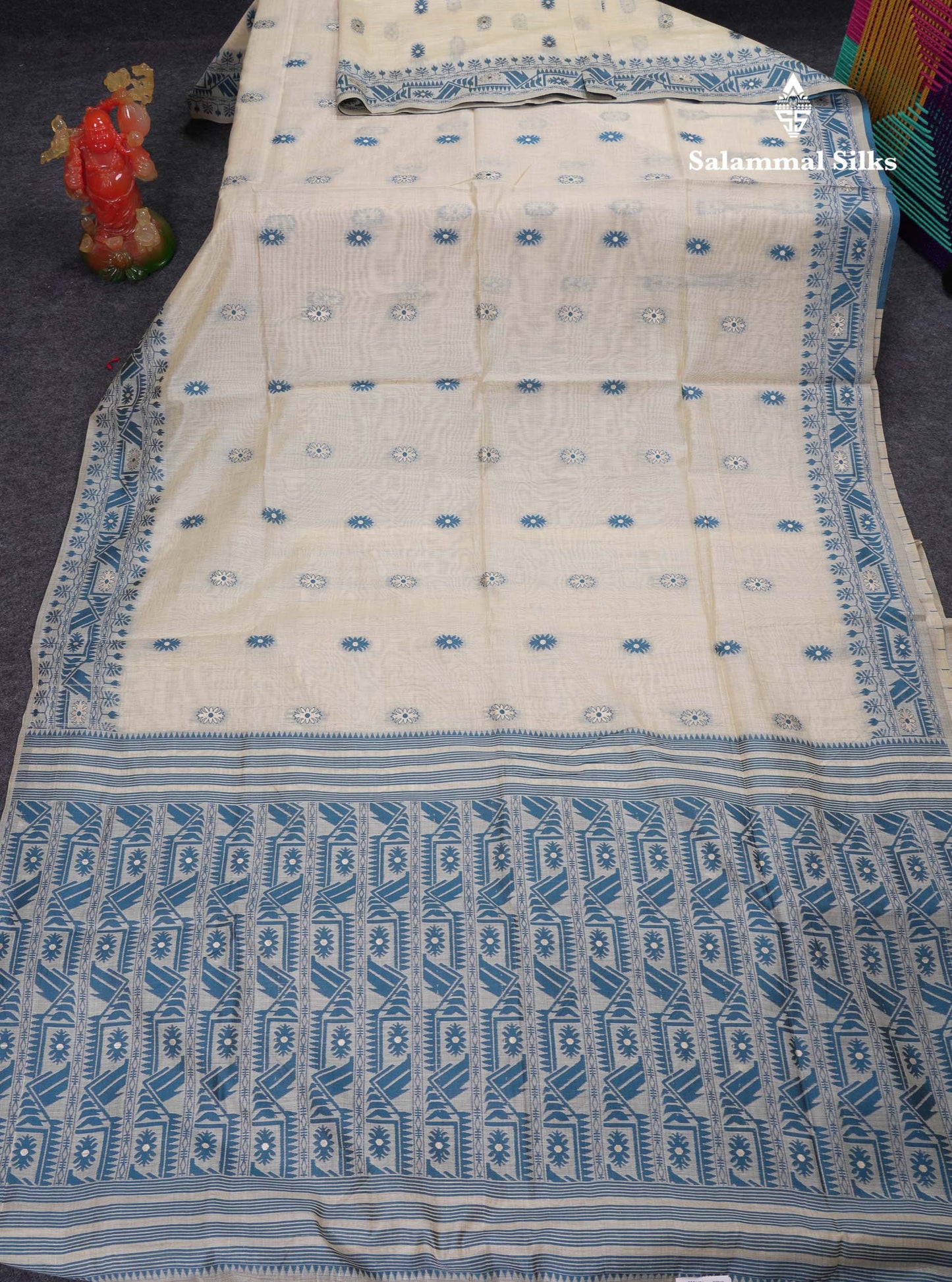 Beautiful Cream Sandal Cotton Mix Saree With Contrast Ramar Blue Border