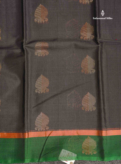 SICO Cotton Saree - Elephant Grey Colour Body Zari Butta With Green Blouse