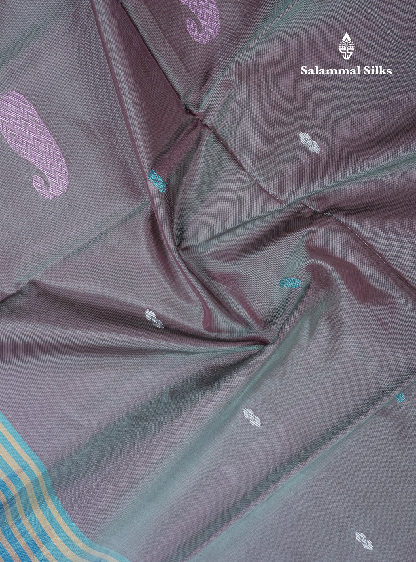 Dual Tone Green Thread work Buttas Banana Pinth Saree (Vaazhainaar Pattu) With Contrast Peacock Blue Blouse