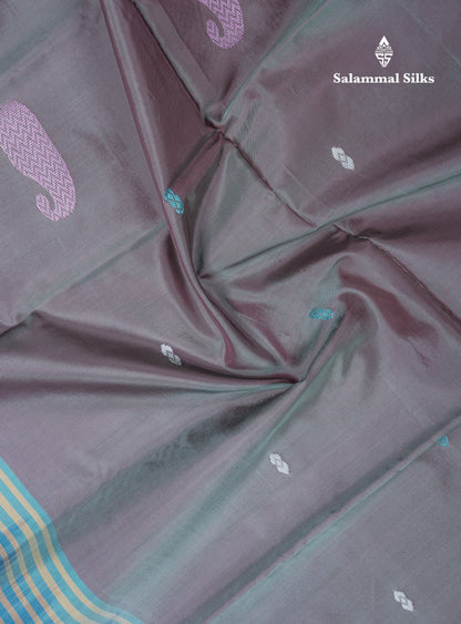 Dual Tone Green Thread work Buttas Banana Pinth Saree (Vaazhainaar Pattu) With Contrast Peacock Blue Blouse