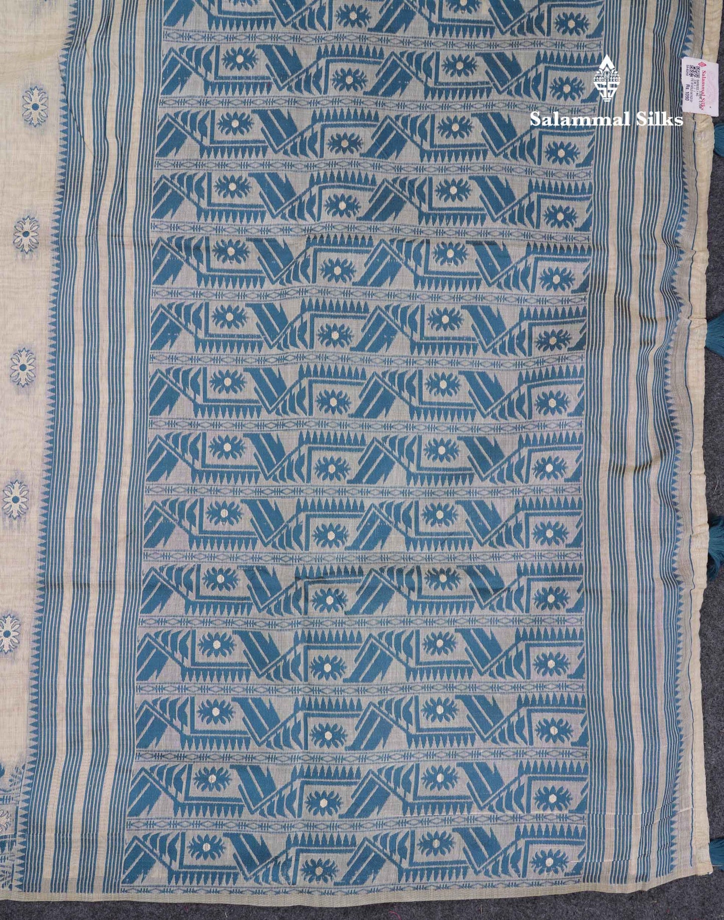 Beautiful Cream Sandal Cotton Mix Saree With Contrast Ramar Blue Border