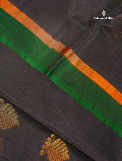 SICO Cotton Saree - Elephant Grey Colour Body Zari Butta With Green Blouse