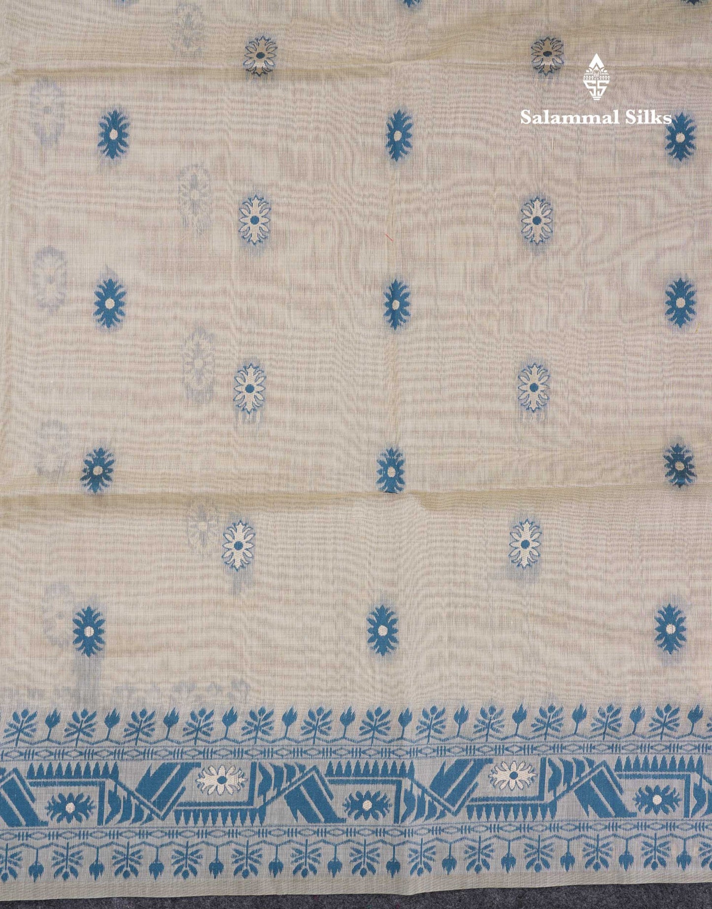 Beautiful Cream Sandal Cotton Mix Saree With Contrast Ramar Blue Border