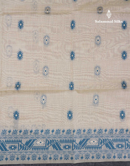 Beautiful Cream Sandal Cotton Mix Saree With Contrast Ramar Blue Border