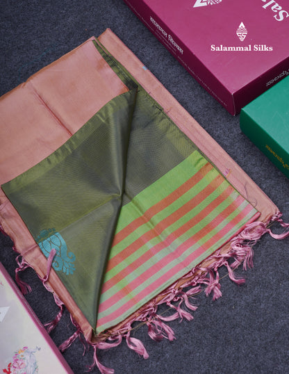 Army Green Thread work Buttas Banana Pinth Saree (Vaazhainaar Pattu) With Contrast Peach Blouse