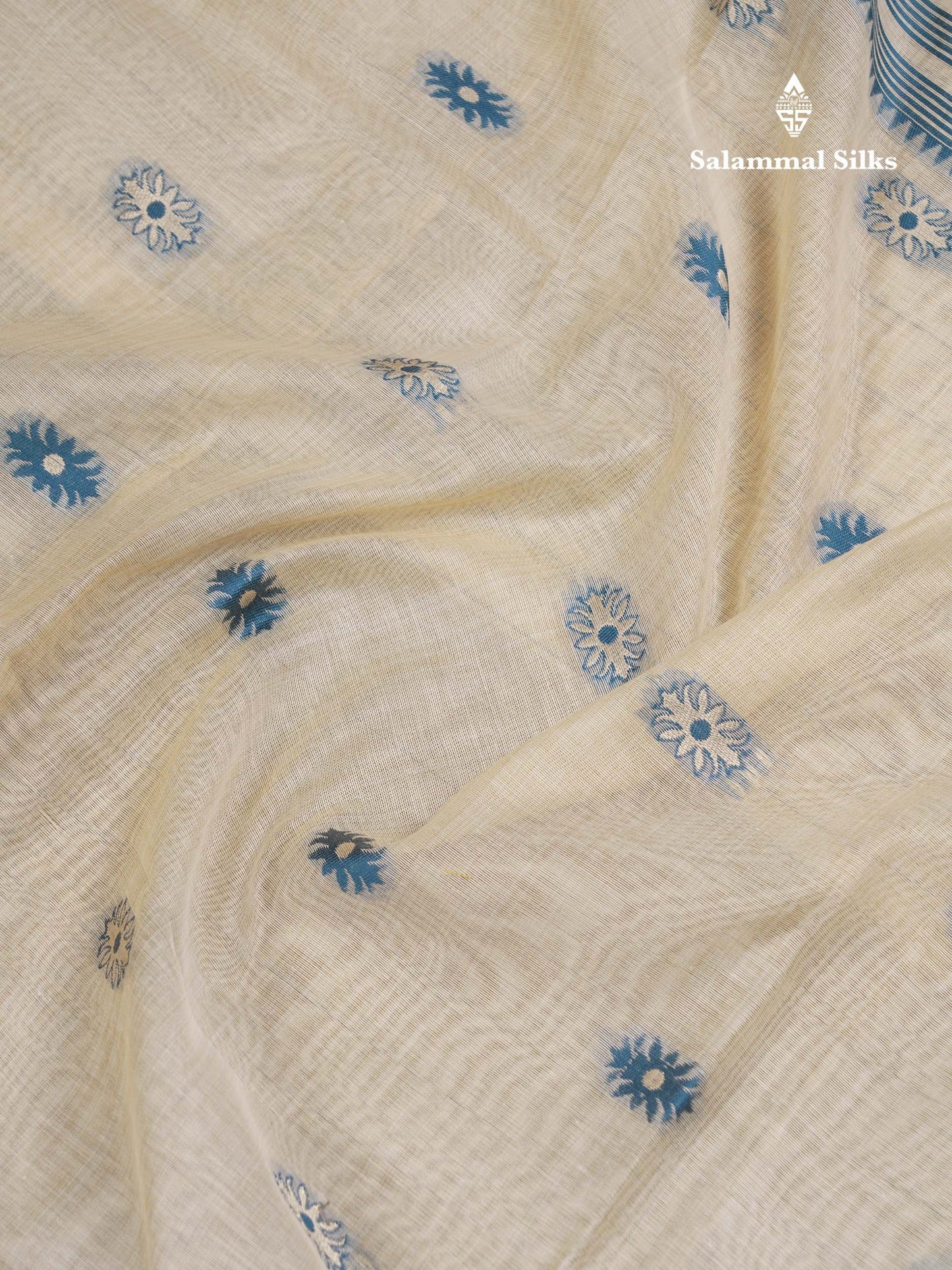 Beautiful Cream Sandal Cotton Mix Saree With Contrast Ramar Blue Border