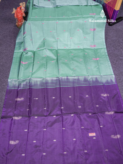 Sapphire Green Thread work Buttas Banana Pinth Saree (Vaazhainaar Pattu) With Contrast Violet Blouse
