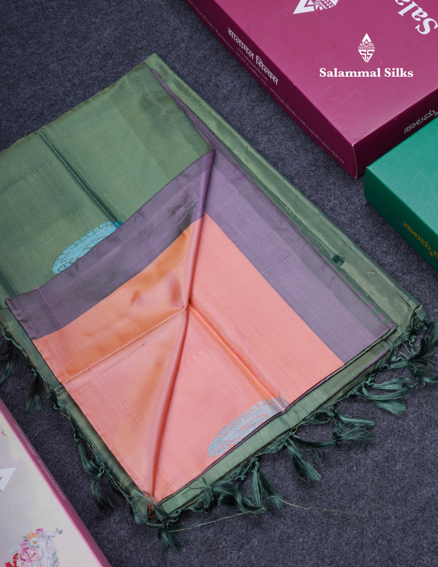 Dark Peach Thread work Buttas Banana Pinth Saree (Vaazhainaar Pattu) With Contrast Army Greene Blouse