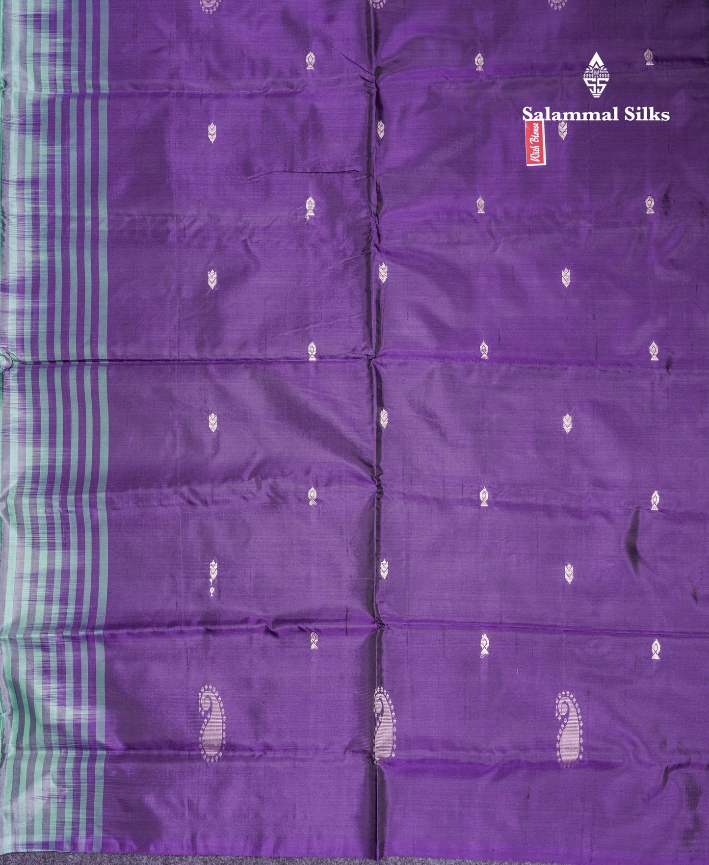 Sapphire Green Thread work Buttas Banana Pinth Saree (Vaazhainaar Pattu) With Contrast Violet Blouse