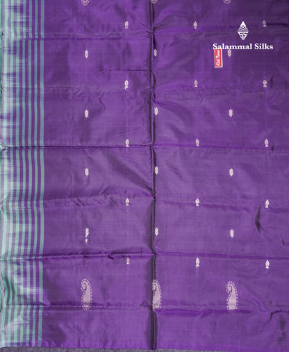 Sapphire Green Thread work Buttas Banana Pinth Saree (Vaazhainaar Pattu) With Contrast Violet Blouse