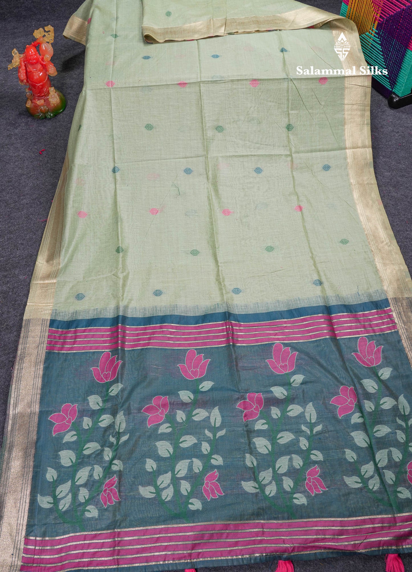 Beautiful Peach Menakari Work Thread Butta Muga Cotton Saree With Contrast Bottle Green Blouse