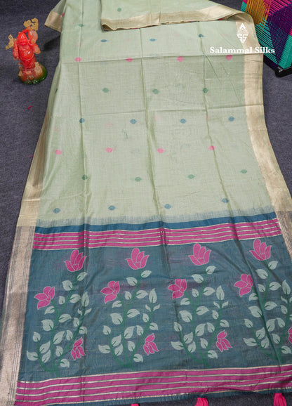 Beautiful Peach Menakari Work Thread Butta Muga Cotton Saree With Contrast Bottle Green Blouse