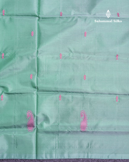 Sapphire Green Thread work Buttas Banana Pinth Saree (Vaazhainaar Pattu) With Contrast Violet Blouse