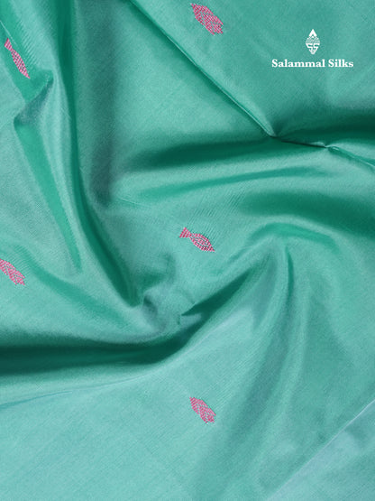 Sapphire Green Thread work Buttas Banana Pinth Saree (Vaazhainaar Pattu) With Contrast Violet Blouse