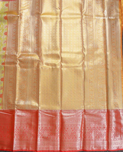 Tissue Semi Silk Saree - Pista Green Colour Body With Contrast Red Evening Morning Border